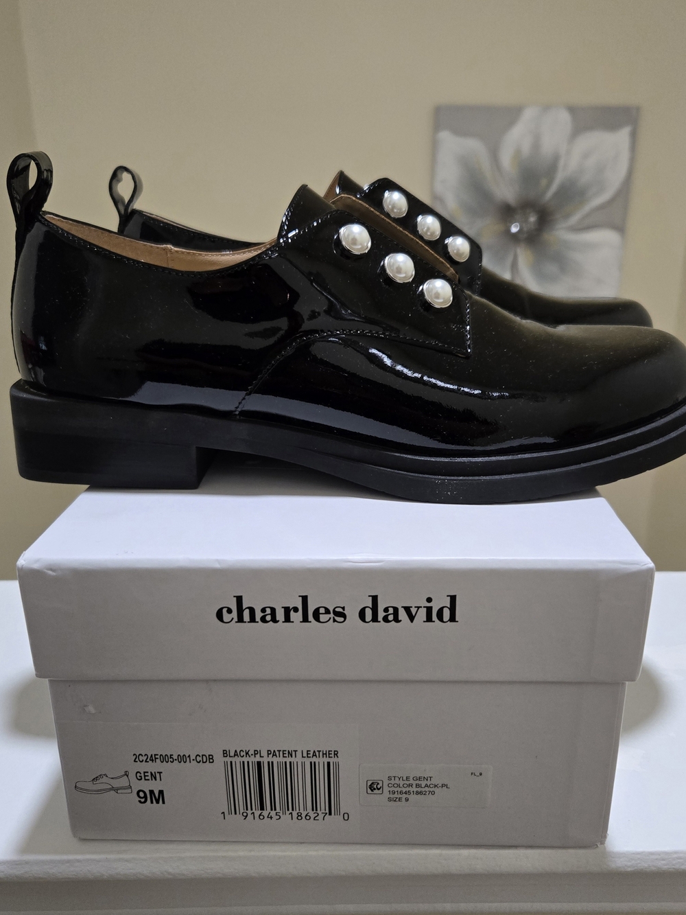 Charles David Black Patent Leather Loafers with Pearl Buttons